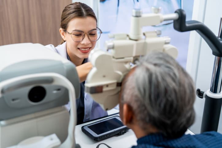 Female ophthalmologist uses eye tester to check patient's eyes with optical equipment