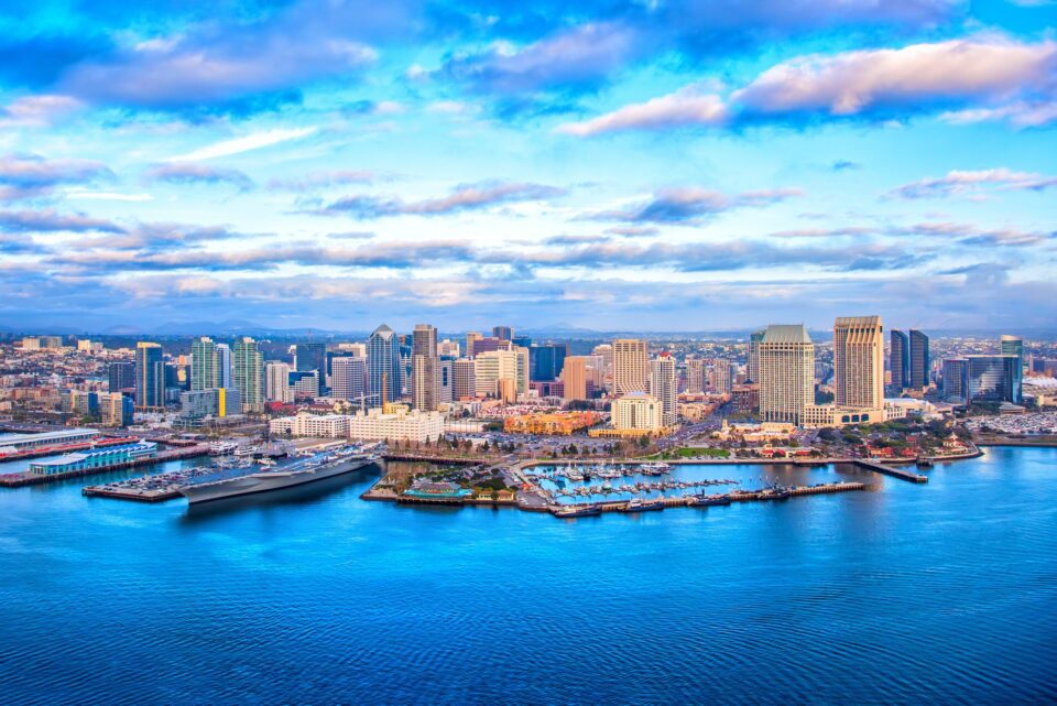 The downtown district of San Diego, California shot after a storm near sunset