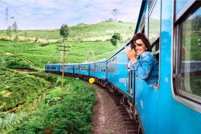 woman traveling on train